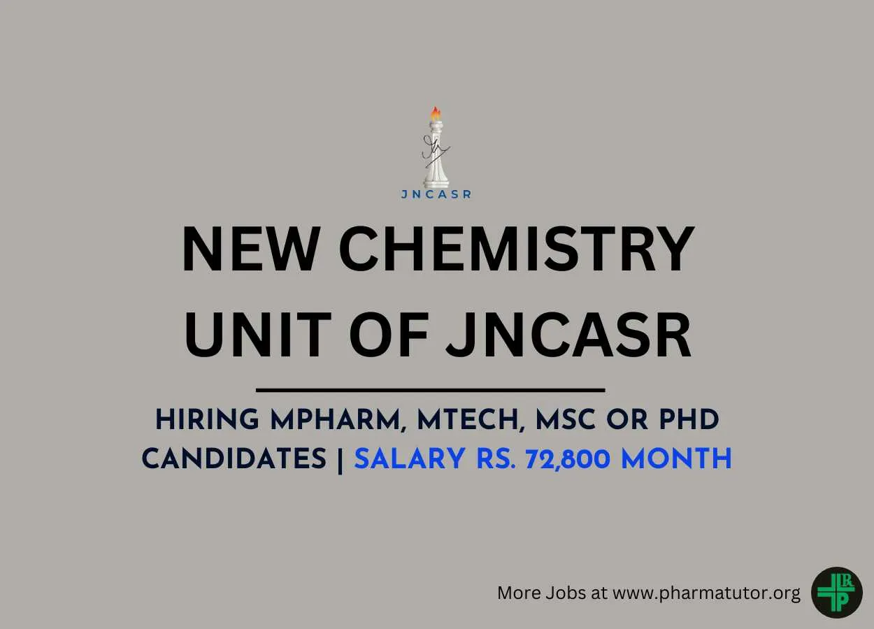 New Chemistry Unit of JNCASR Hiring MPharm, MTech, MSc or PhD candidates