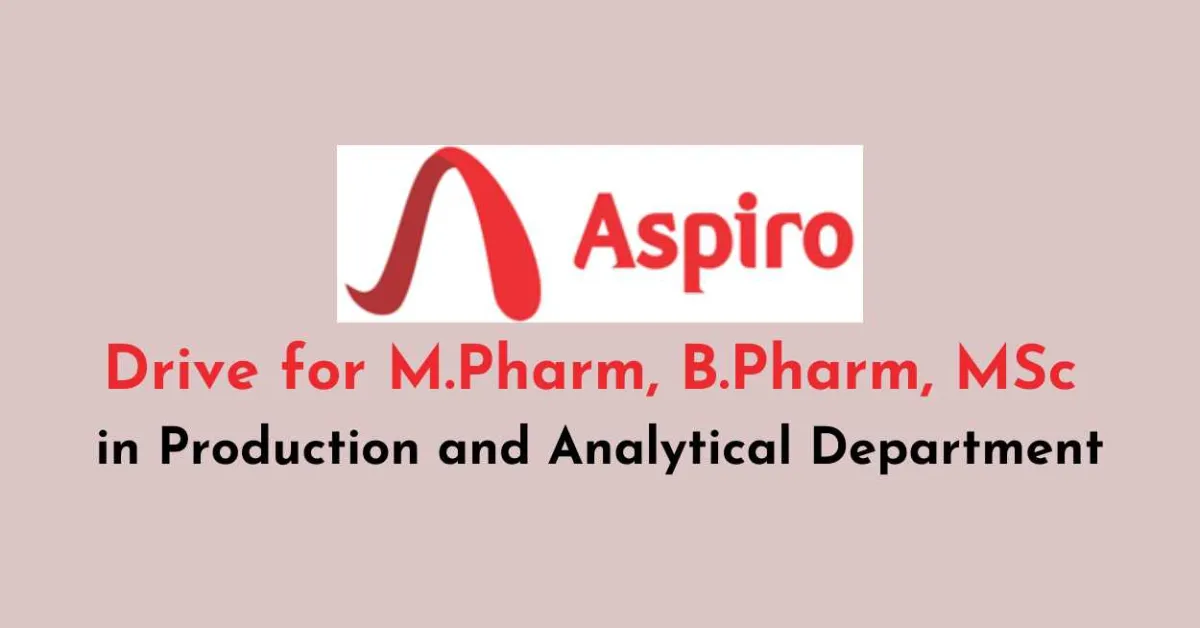 Walk in Drive for M.Pharm, B.Pharm, MSc in Production and Analytical Department at Aspiro Pharma