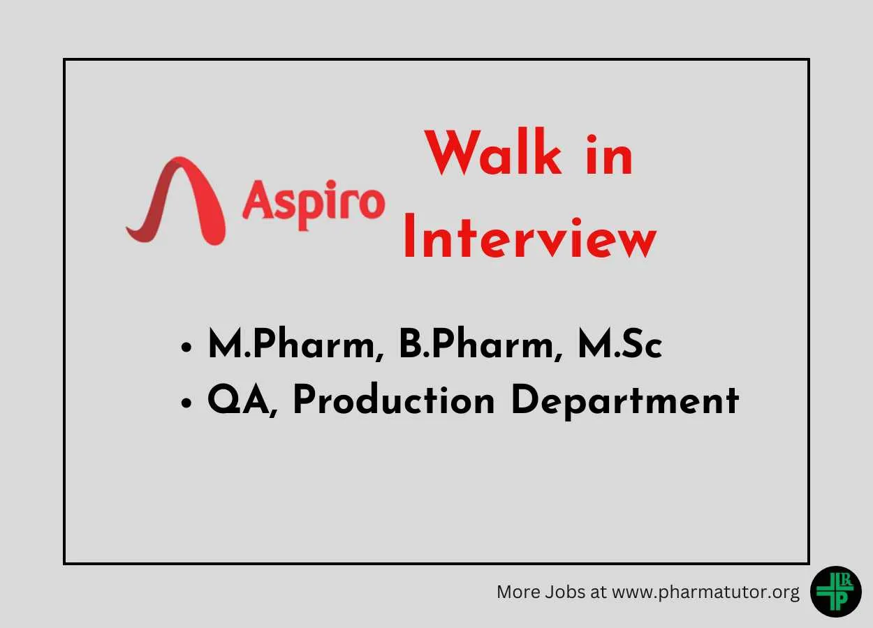 Walk in Drive for MPharm, BPharm, MSc in QA, Production at Aspiro Pharma
