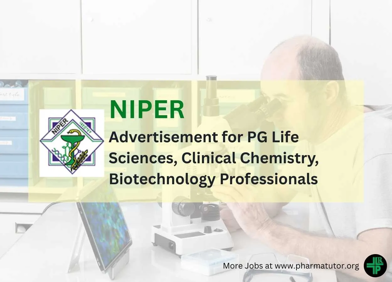 NIPER Advertisement for PG Life Sciences, Clinical Chemistry, Biotechnology Professionals