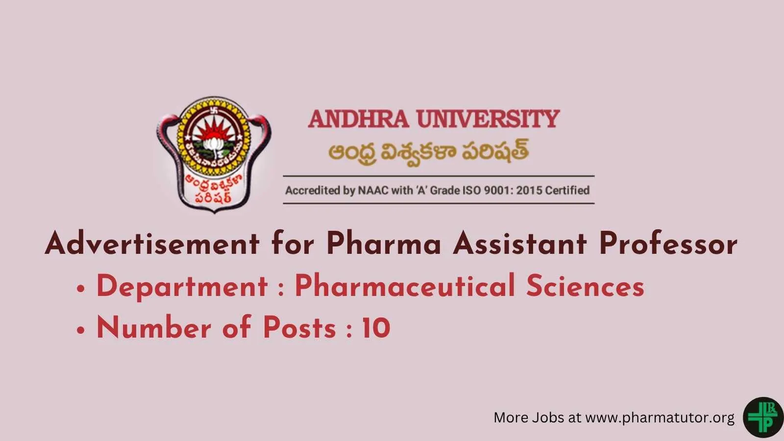 Advertisement for Pharma Assistant Professor at Andhra University