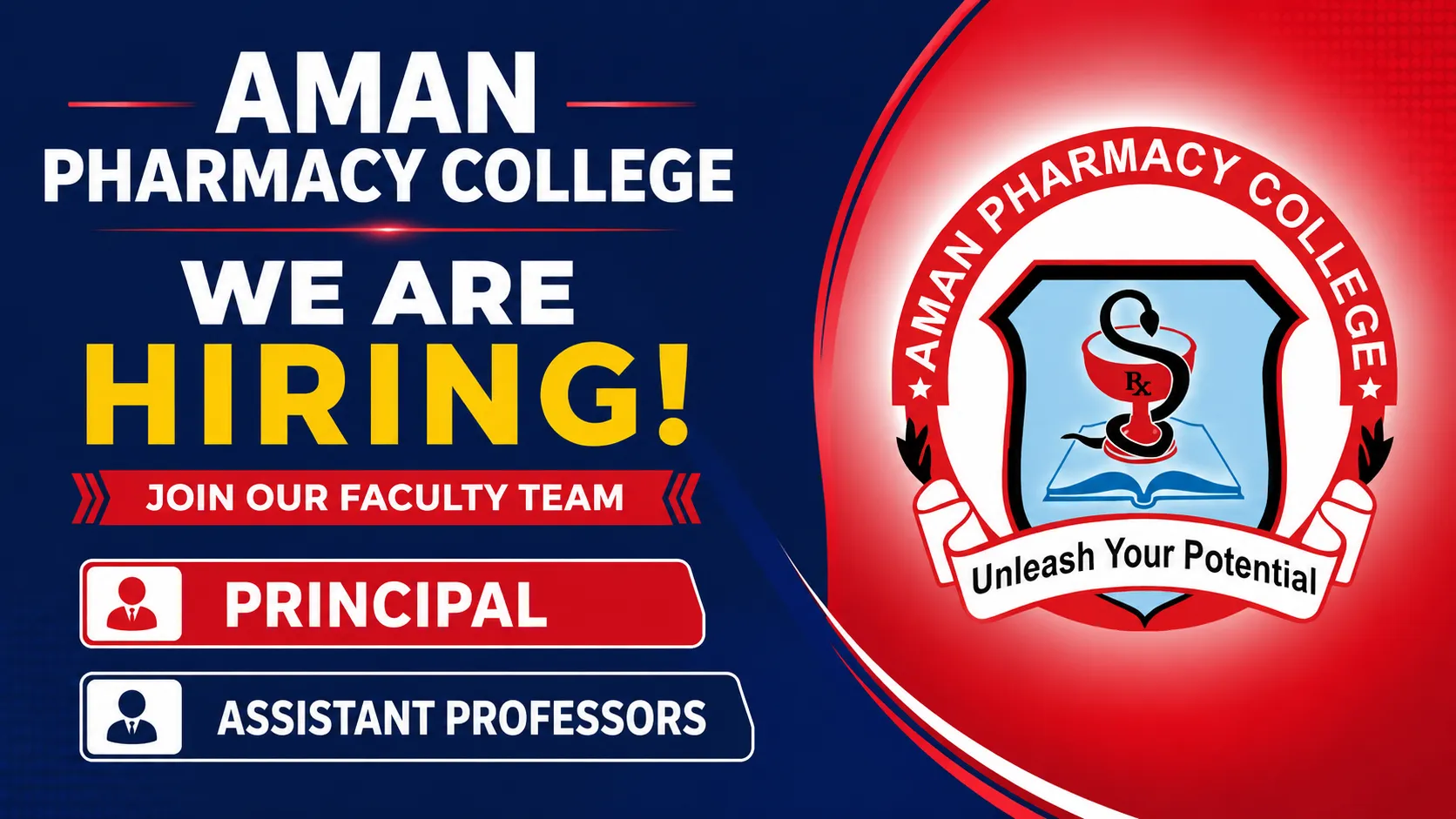 Advertisement for Principal and Assistant Professors at Aman Pharmacy College