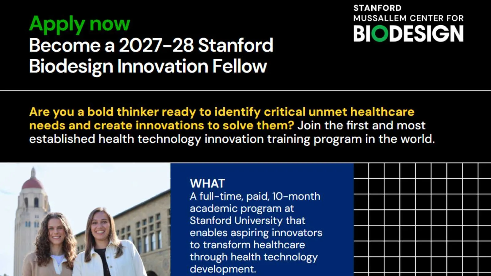 Apply now to Become a 2027-28 Stanford Biodesign Innovation Fellow
