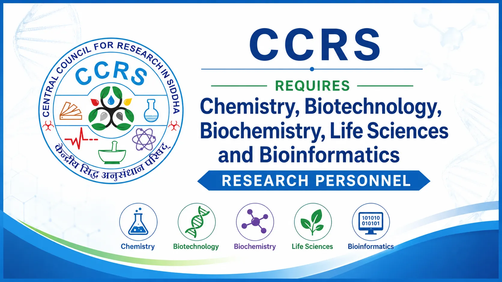 CCRS requires Chemistry, Biotechnology, Biochemistry, Life Sciences and Bioinformatics research personnel