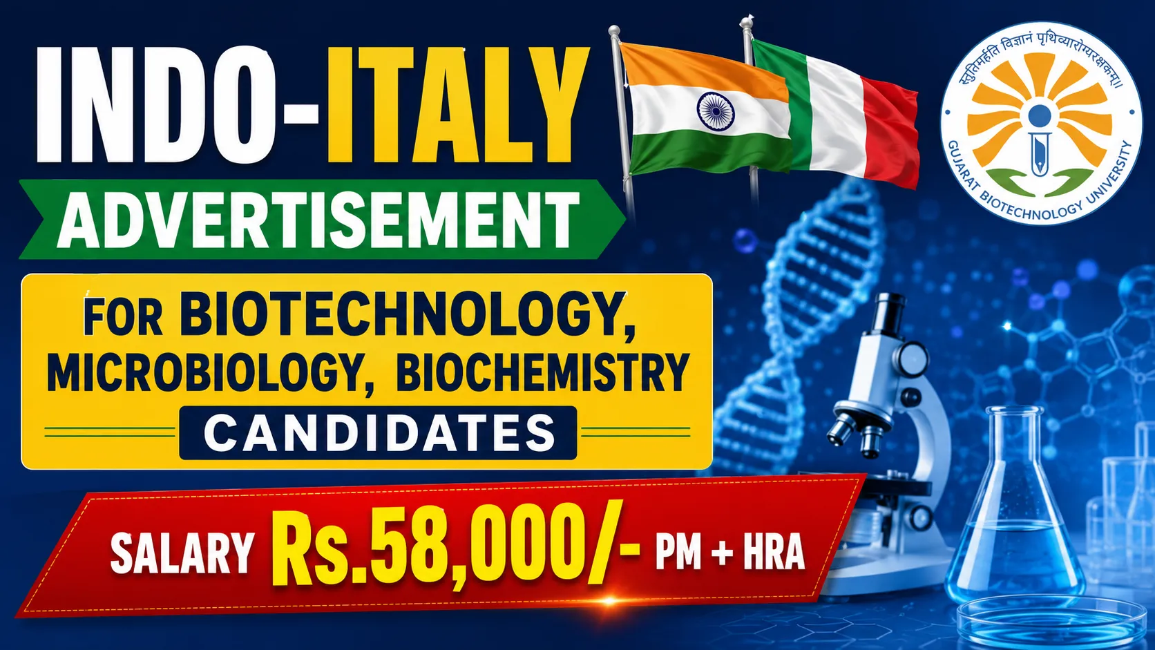 Indo-Italy Advertisement for Biotechnology, Microbiology, Biochemistry candidates at Gujarat Biotechnology University