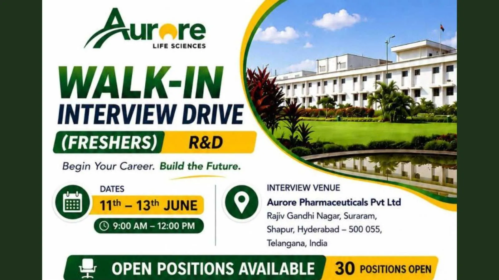 Walk in Drive R&D Freshers at Aurore Life Sciences