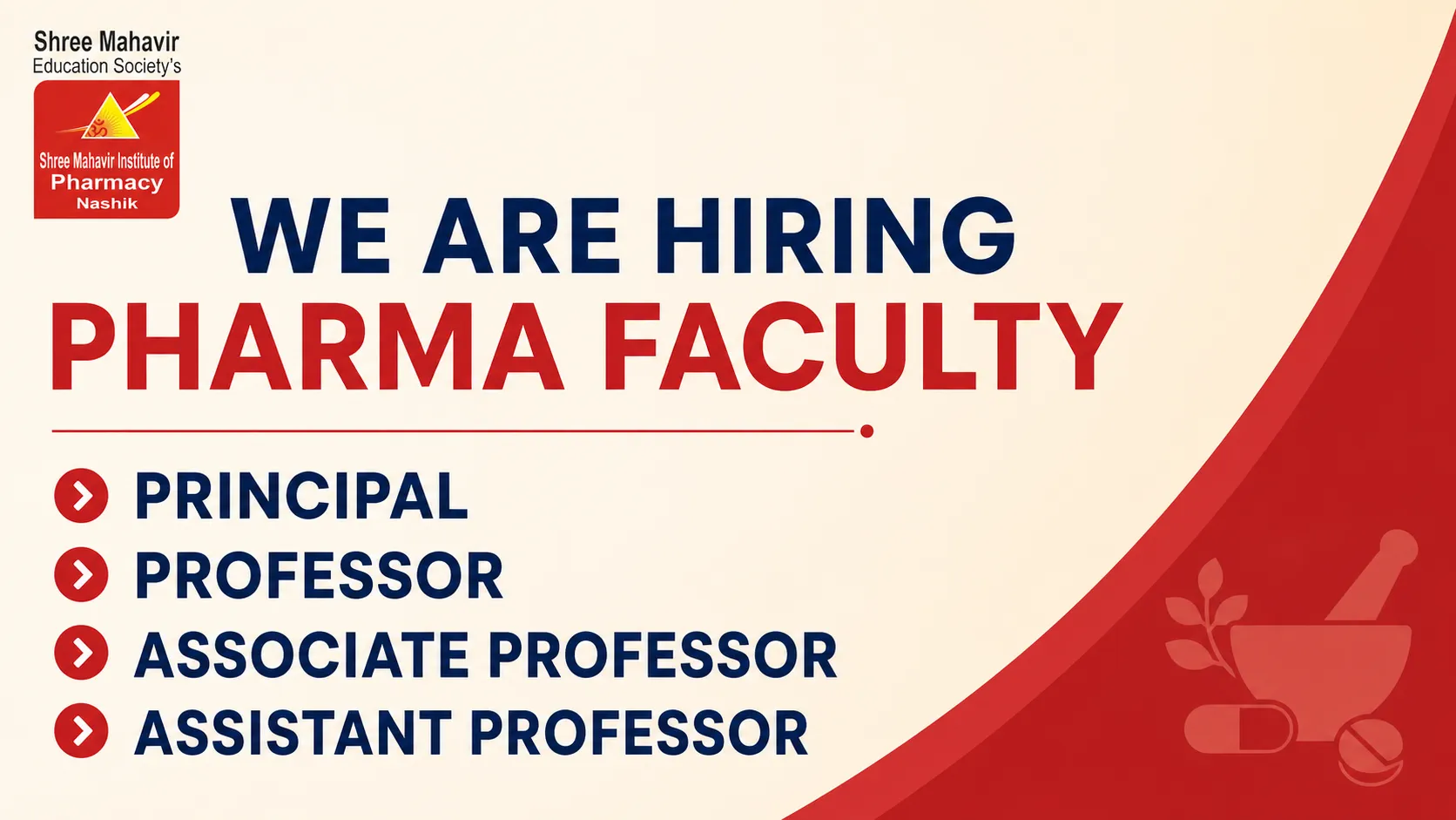 Advertisement for Pharma Faculty at Mahavir Institute of Pharmacy