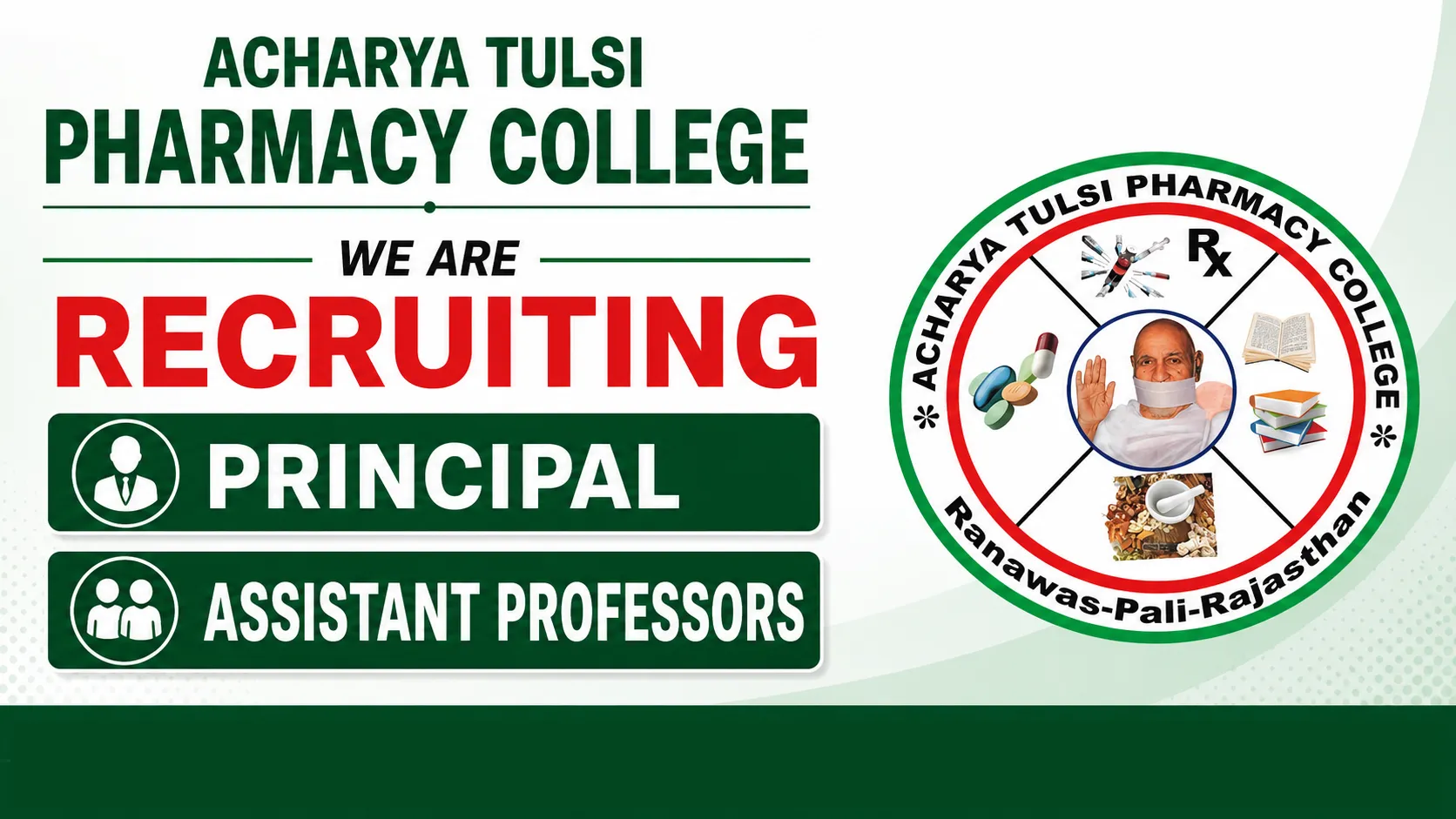 Advertisement for Principal and Assistant Professors at Acharya Tulsi Pharmacy College
