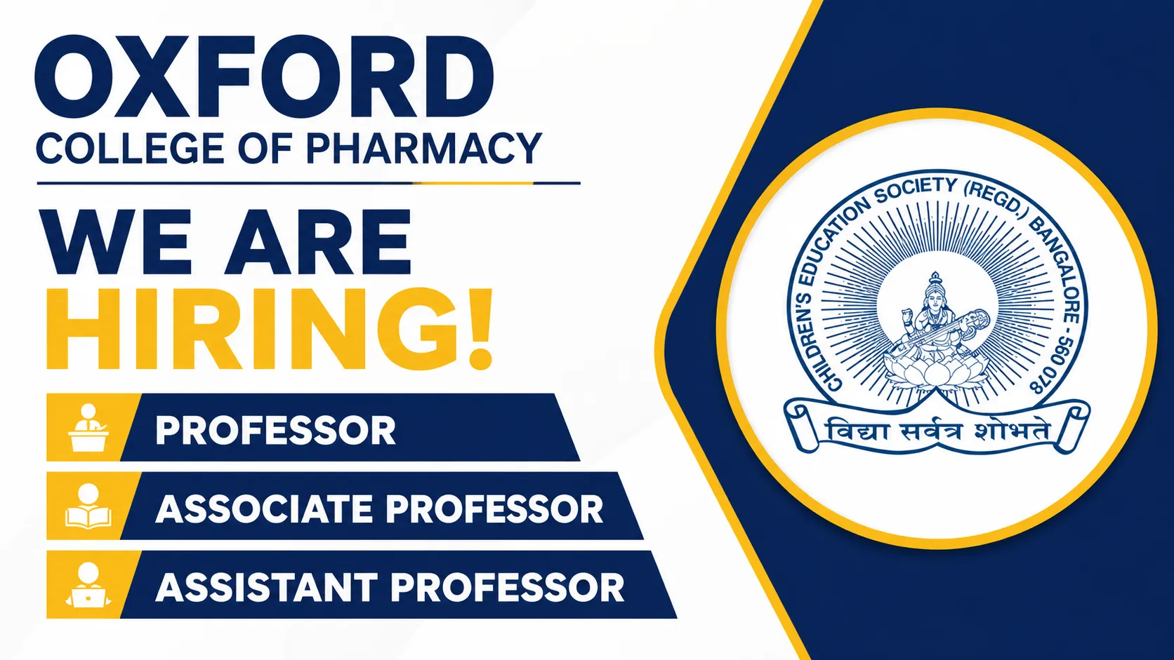 Advertisement for Professor, Associate Professor, Assistant Professor at Oxford College of Pharmacy