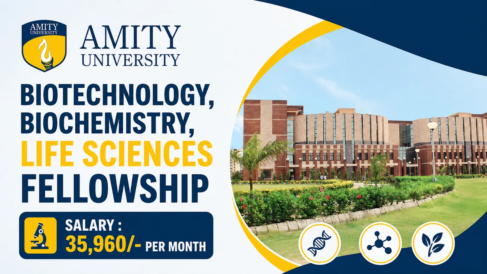 Amity University Biotechnology, Biochemistry, Life Sciences Fellowship