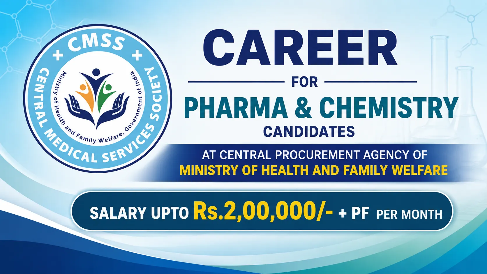 Career for Pharma and Chemistry candidates at Central Procurement Agency of Ministry of Health and Family Welfare, CMSS