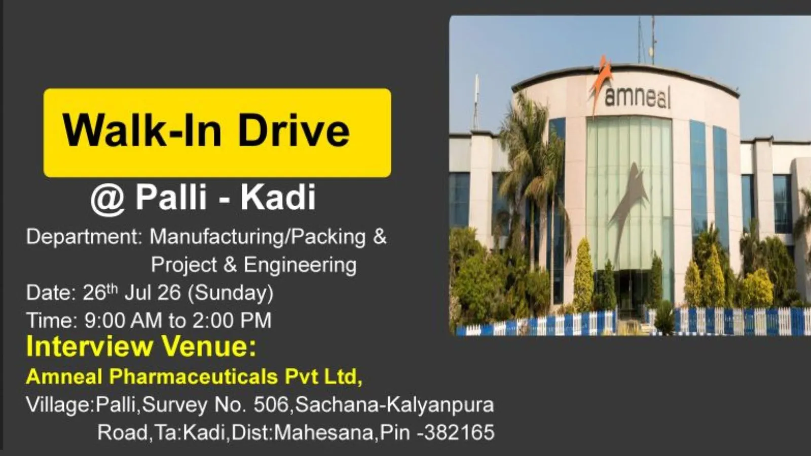 Interview for Pharma and Science candidates in Manufacturing and Packing at Amneal Pharma