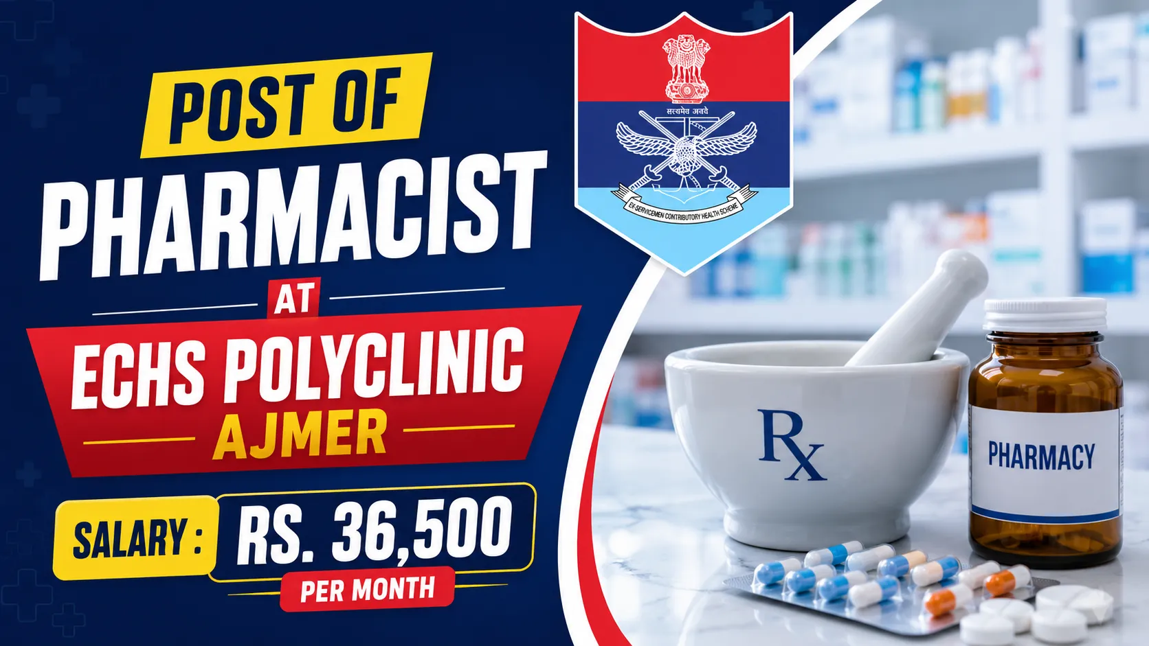 Invites applications for post of Pharmacist at ECHS Polyclinic Ajmer