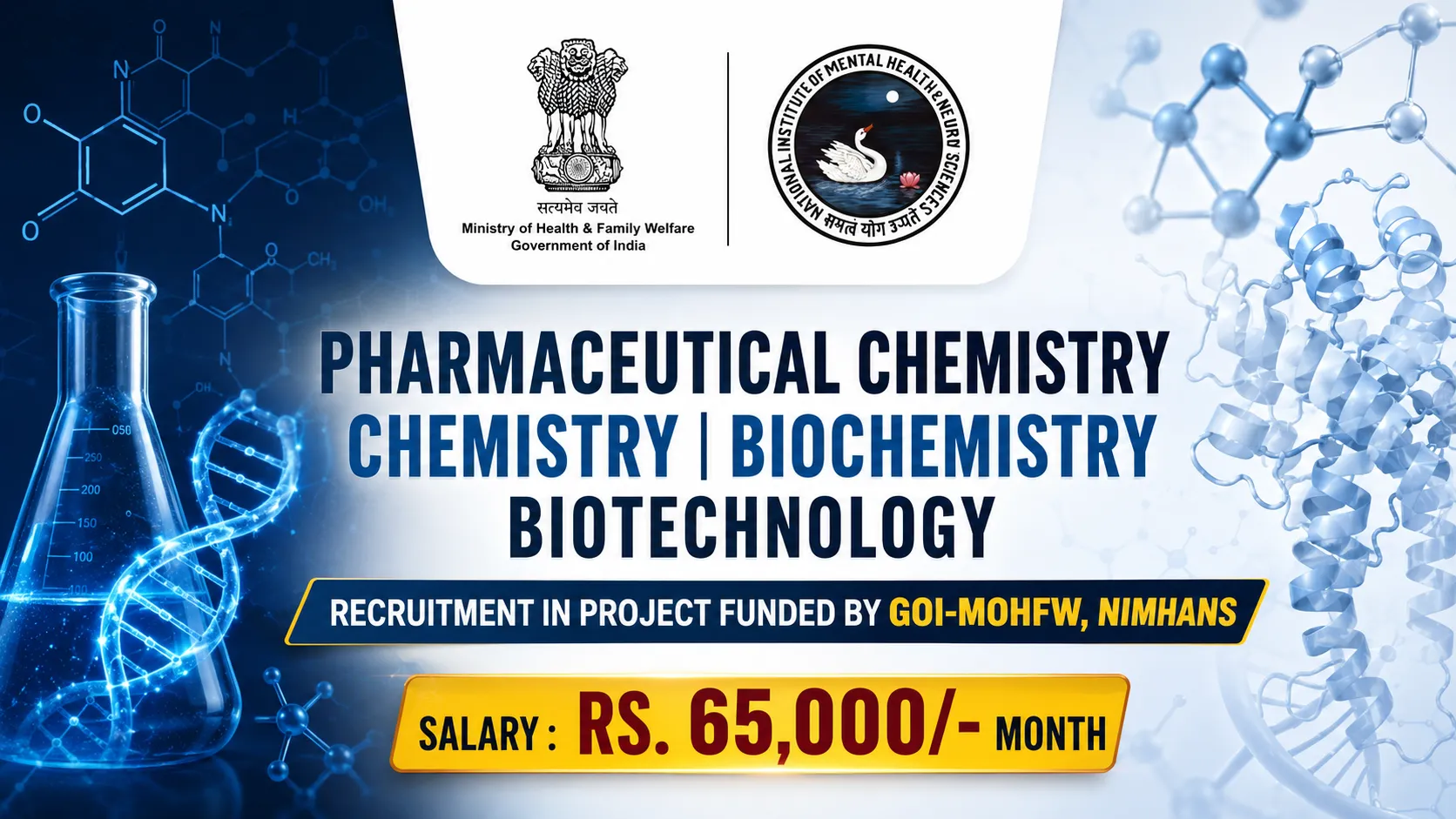 Pharmaceutical Chemistry, Chemistry, Biochemistry, Biotechnology Recruitment in Project funded by GOI-MOHFW, NIMHANS