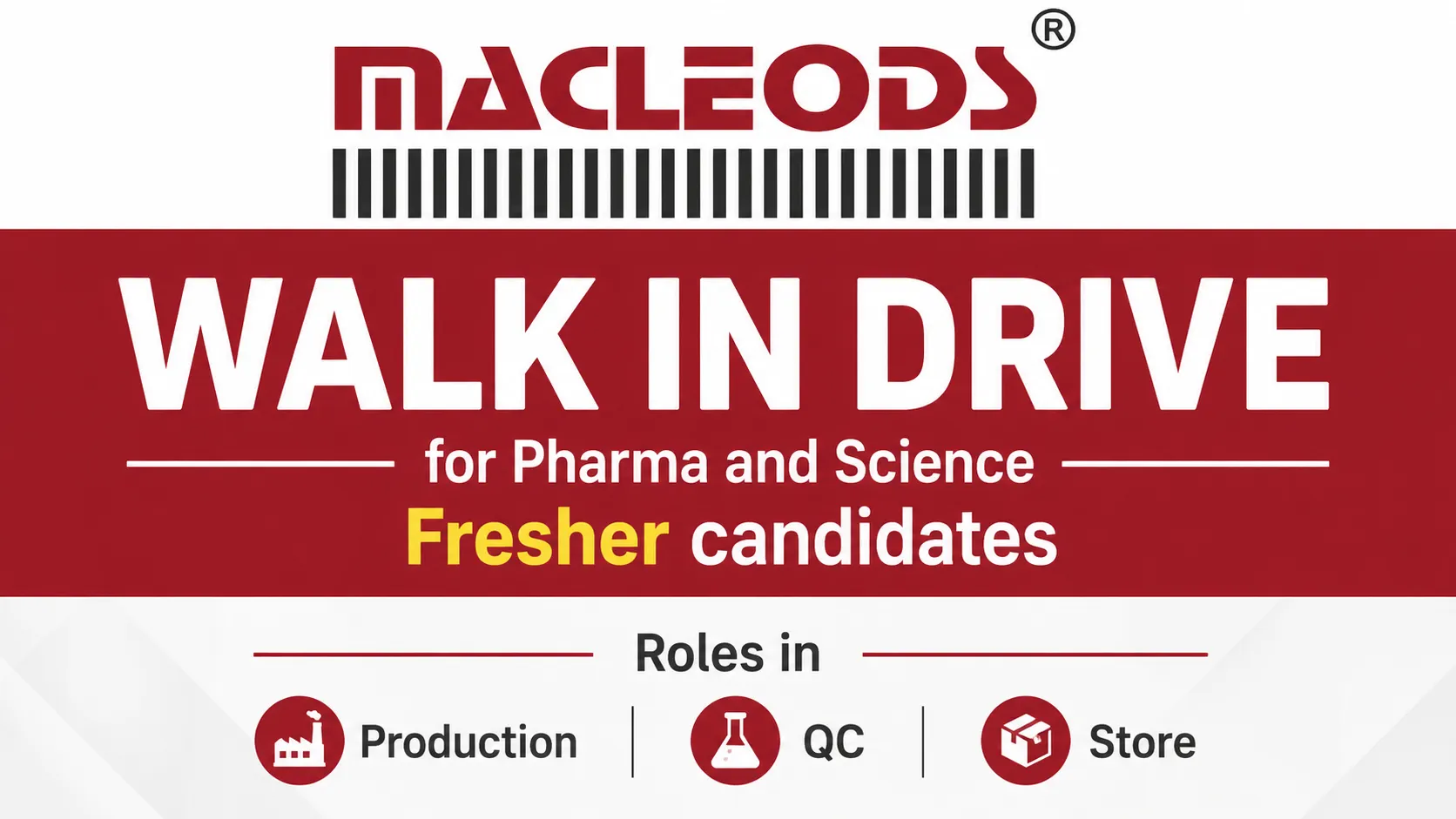  Walk In Drive for Pharma and Science Fresher candidates in Macleods - Roles in Production, QC, Store