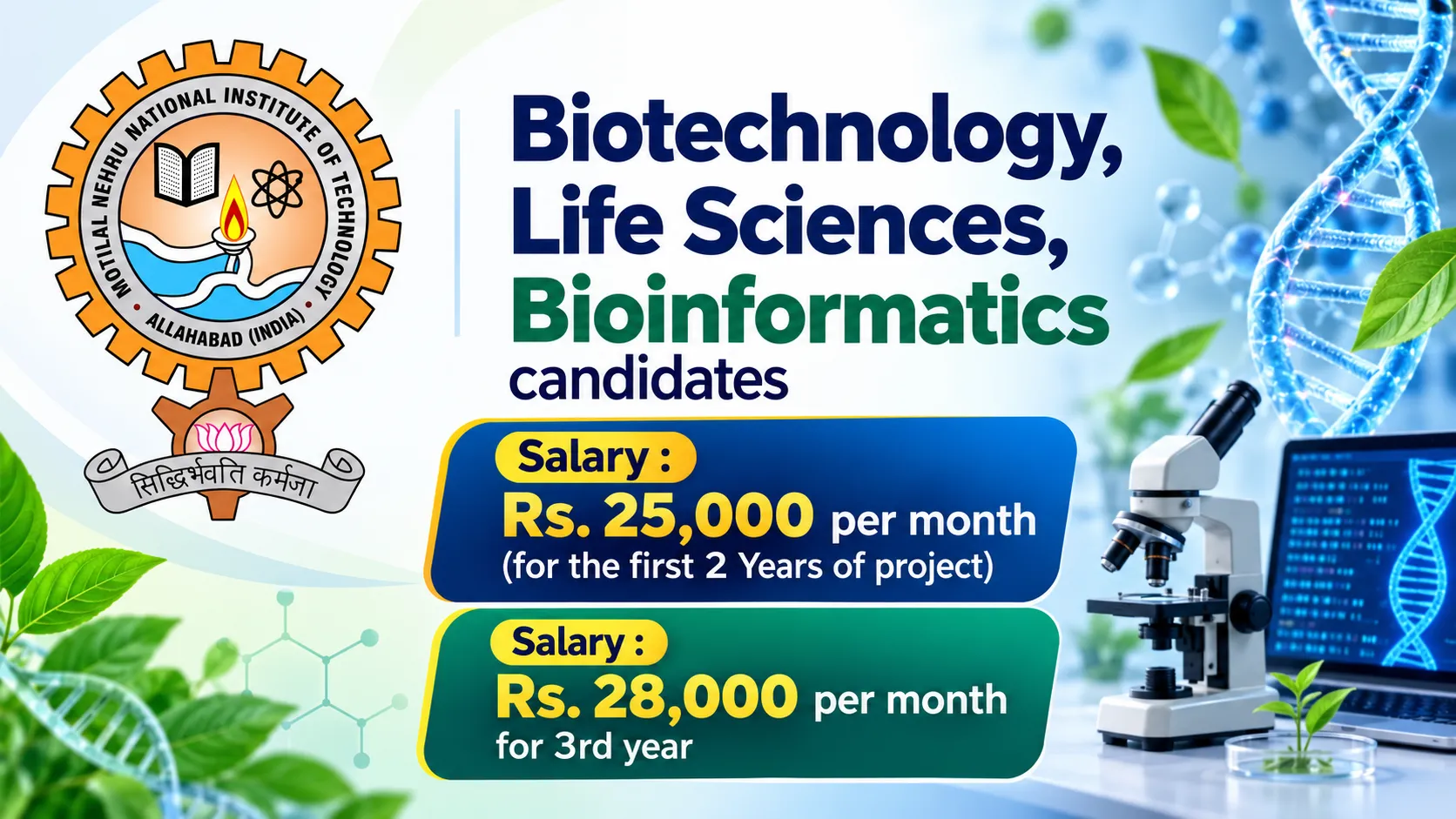 Advertisement for Biotechnology, Life Sciences, Bioinformatics candidates at MNNIT