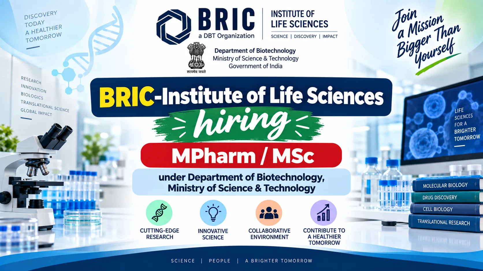 BRIC-Institute of Life Sciences hiring MPharm / MSc under Department of Biotechnology, Ministry of Science & Technology