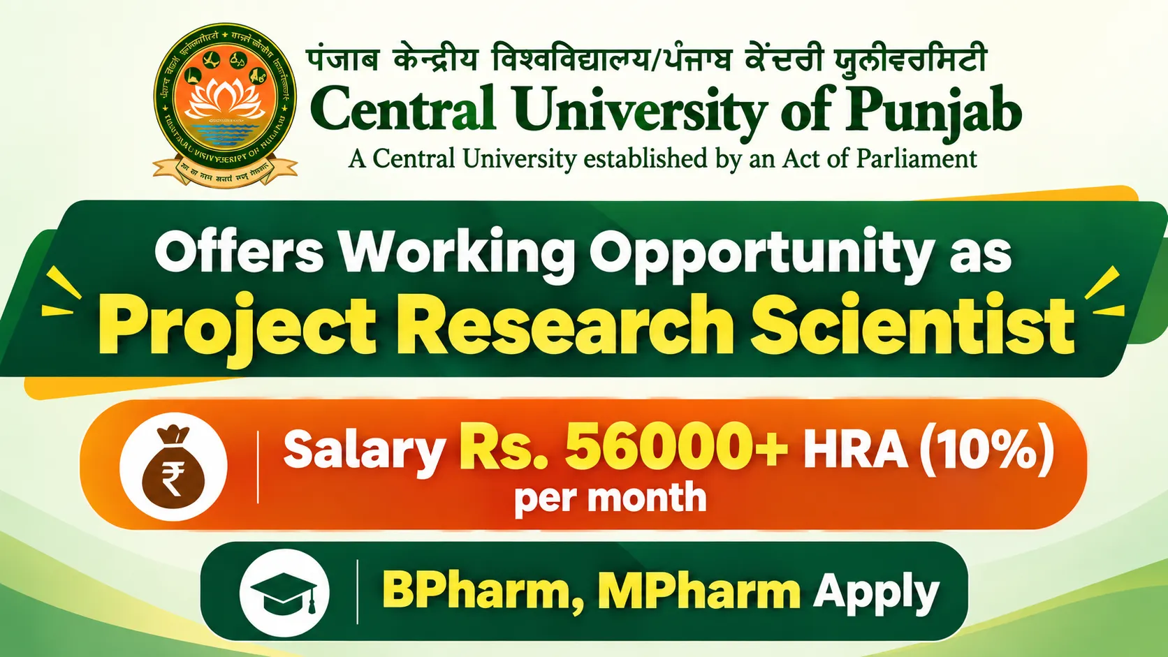 Central University of Punjab Offers Working Opportunity as Project Research Scientist
