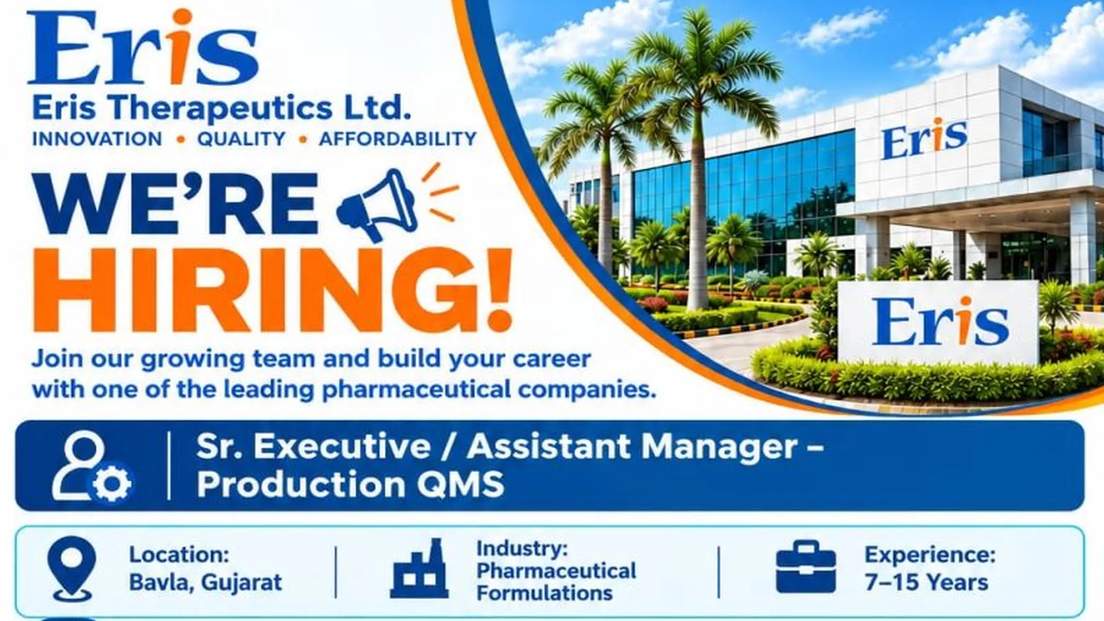 Eris Therapeutics Hiring Senior Executive / Assistant Manager – Production QMS