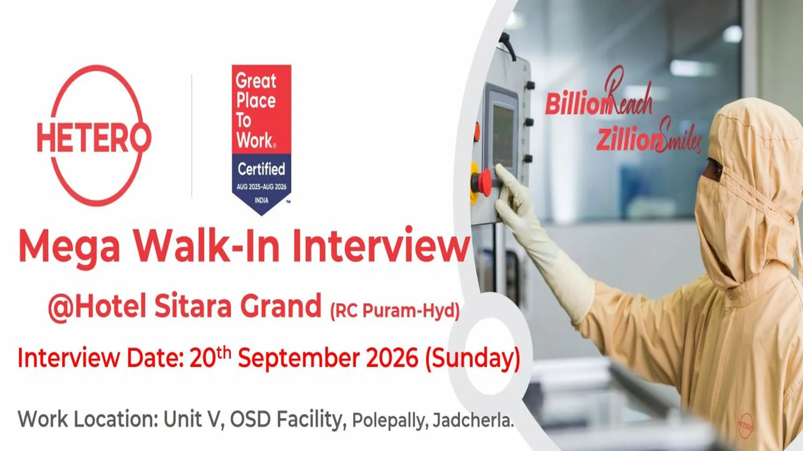 Mega Walk In Interview for Pharma and Science candidates at Hetero