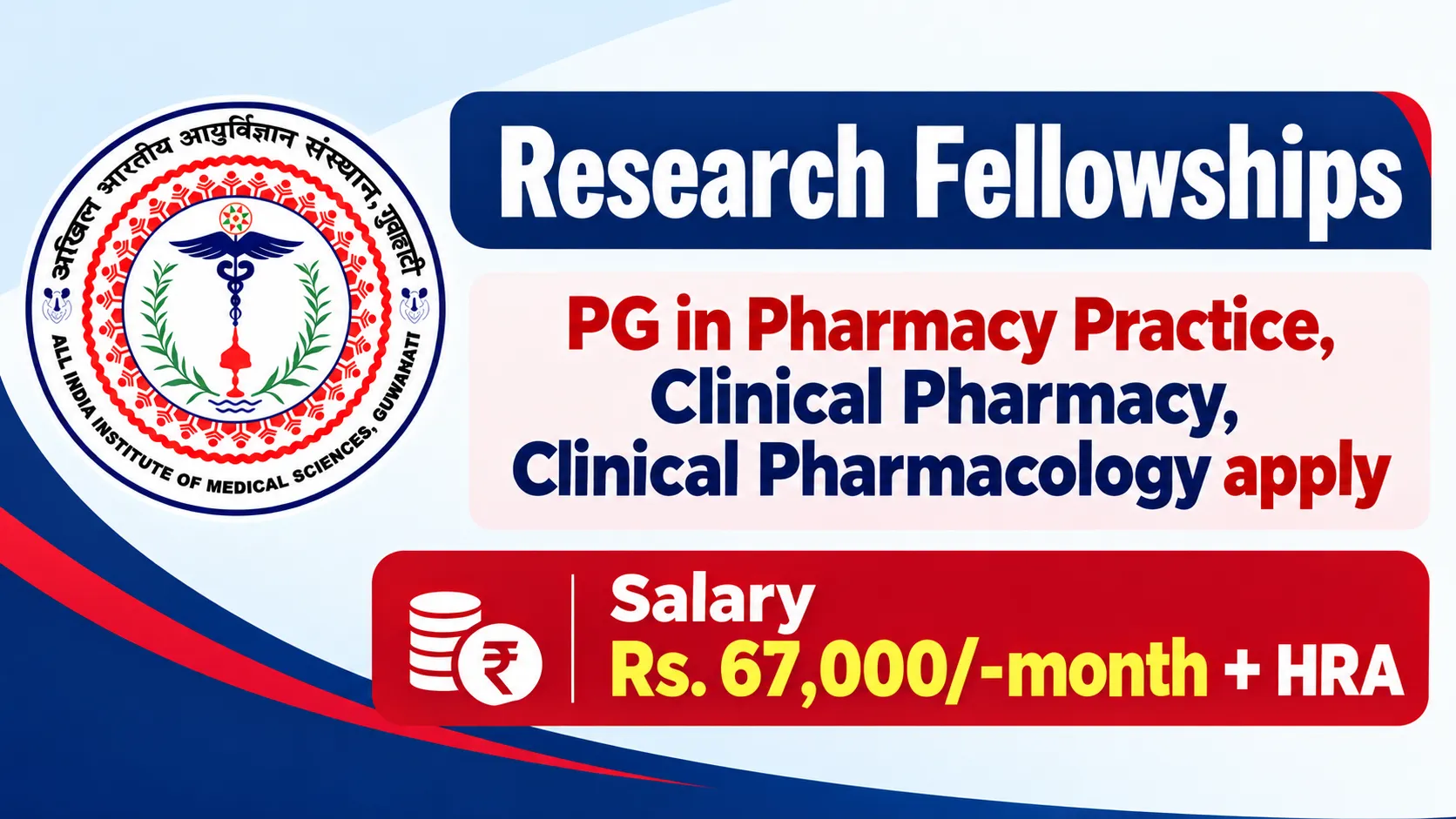 AIIMS inviting application for Research Fellowships - PG in Pharmacy Practice, Clinical Pharmacy, Clinical Pharmacology apply