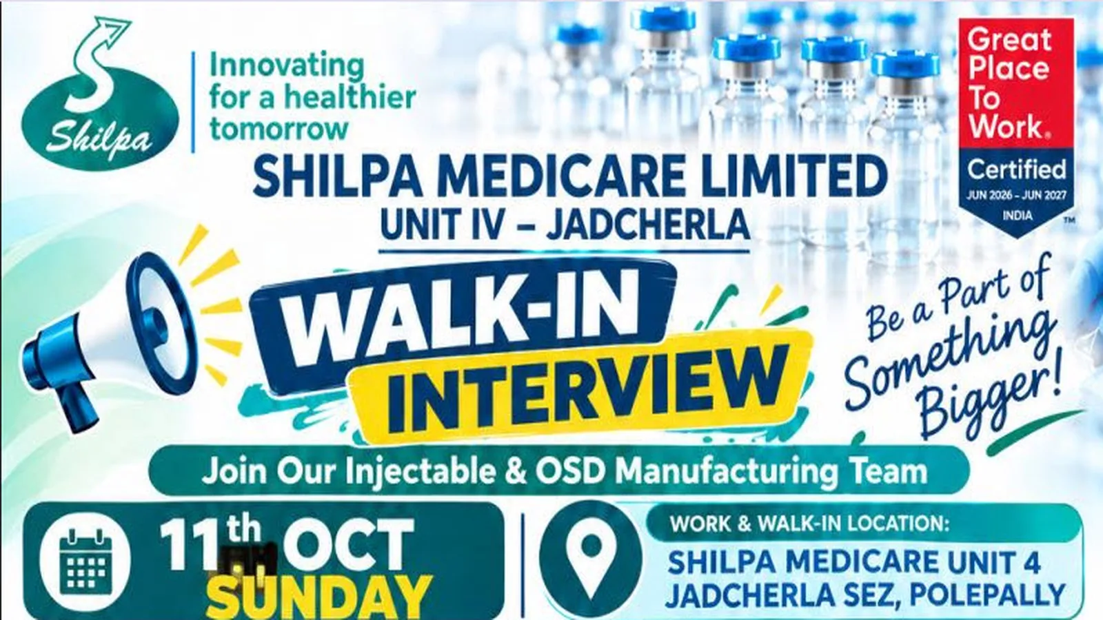 WALK IN INTERVIEW - Multiple Positions at Shilpa Medicare Limited