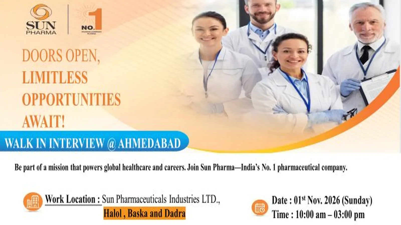 Multiple Positions at Sun Pharma - MPharm, BPharm, MSc, BSc apply
