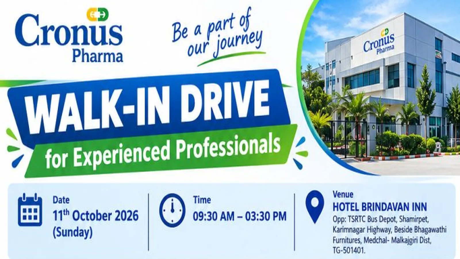 Walk In Drive for Experienced Professionals in Production, Analytical R&D, QC at Cronus Pharma