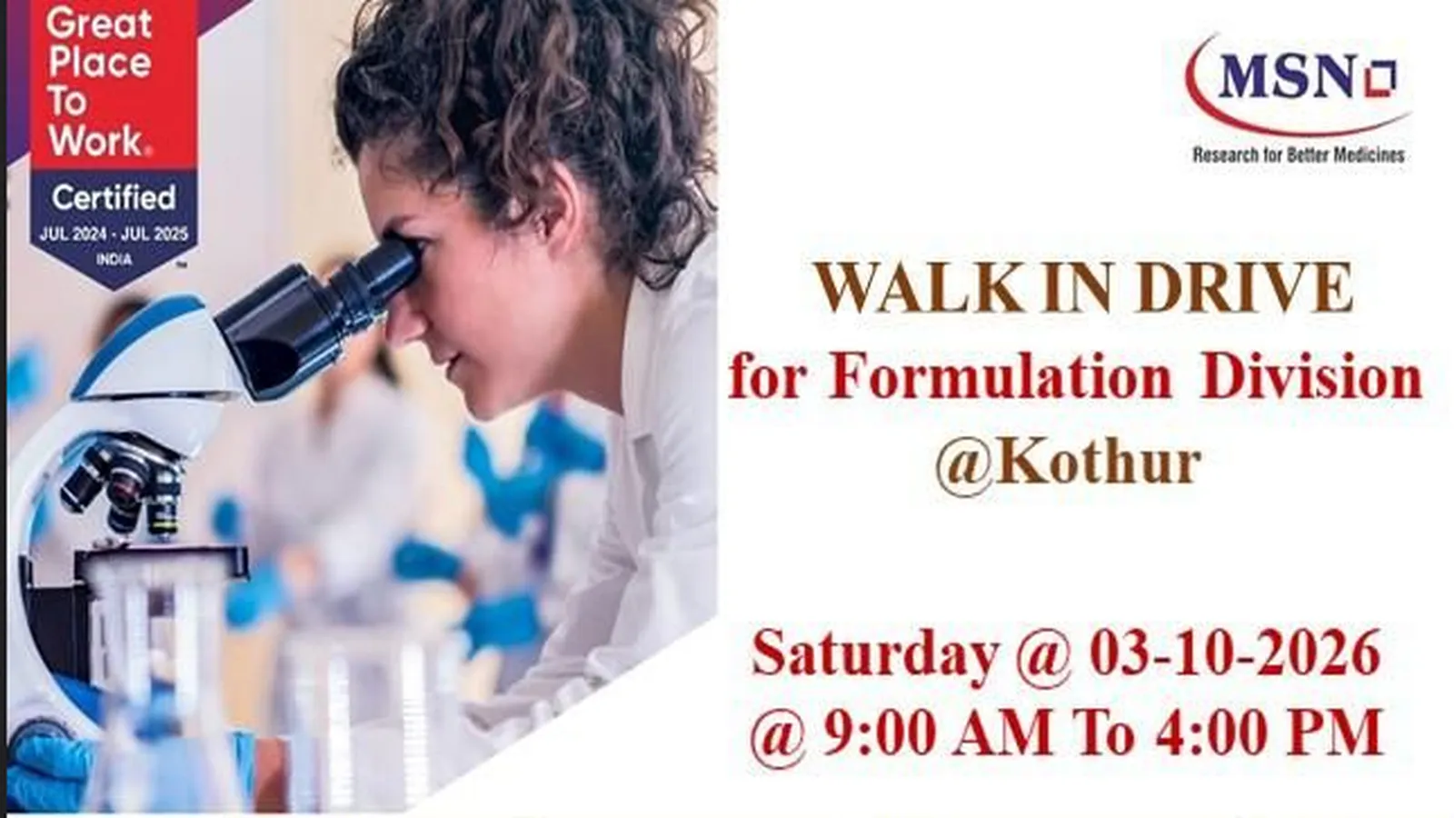 Walk In Drive for Formulation Division at MSN Group